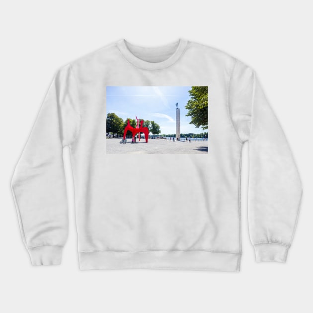 Figures and torchbearer column at Maschsee, Hanover, Lower Saxony, Germany, Europe Crewneck Sweatshirt by Kruegerfoto